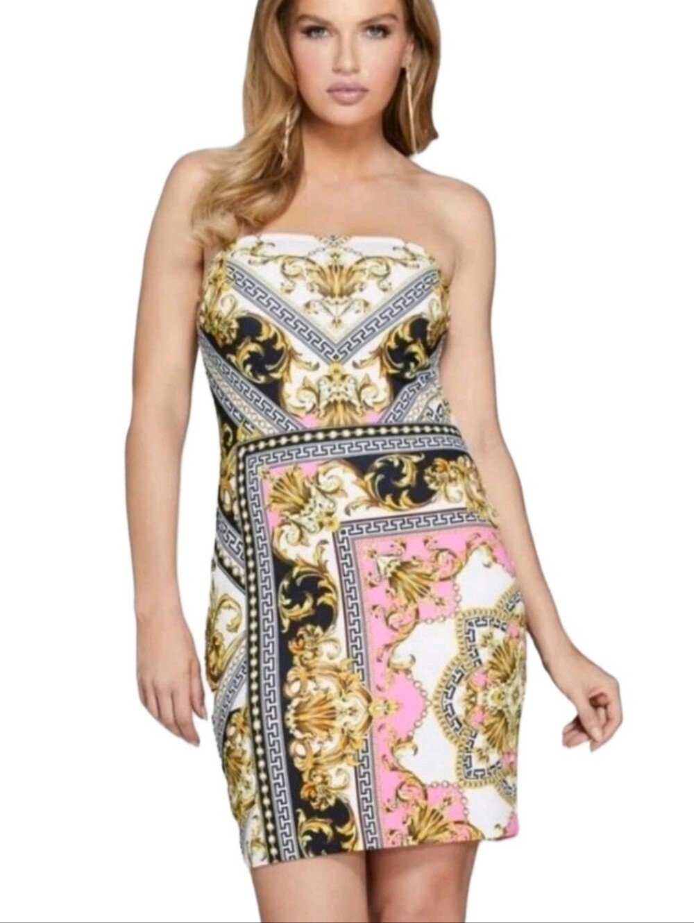 New Guess Marciano Baroque Pink Black Gold & White Strapless Dress Size Medium